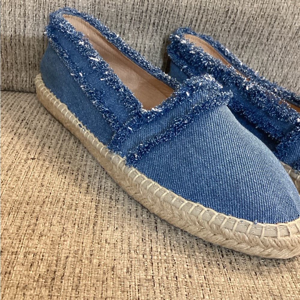 Saks Fifth Avenue Blue Denim Frayed Espadrille Flats - Picture 7 of 13